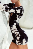 Black And White Sexy Print Hollow Out Patchwork V Neck Wrapped Skirt Dresses