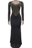 Black Sexy Solid Color Patchwork Hot Drill Zipper Asymmetrical Collar Long Dresses