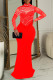 Red Elegant Patchwork Slit Hot Drill Zipper O Neck Long Dresses