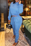 Light Blue Casual Solid Color Basic O Neck Long Sleeve Two Pieces