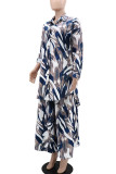 Multicolor Casual Print Pocket Buckle Patchwork Turndown Collar Long Sleeve Two Pieces