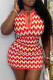 Red Sexy Geometric Print Buckle Patchwork Turndown Collar Wrapped Skirt Dresses