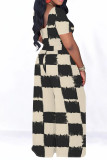 Black Casual Plaid Geometric Print Contrast O Neck Short Sleeve Two Pieces