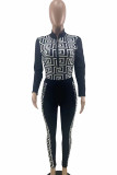 Black Casual Print Patchwork Zipper Zipper Collar Long Sleeve Two Pieces