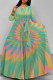 Green Elegant Tie Dye Print Lace Up O Neck Printed Plus Size Dresses