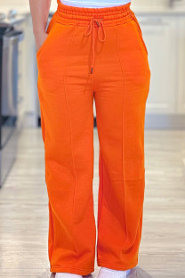 Tangerine Red Casual Solid Color Draw String Pocket Patchwork Loose High Waist Wide Leg Patchwork Bottoms