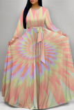 Yellow Elegant Tie Dye Print Lace Up O Neck Printed Plus Size Dresses