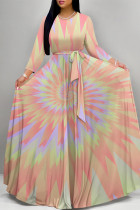 Pink Elegant Tie Dye Print Lace Up O Neck Printed Plus Size Dresses