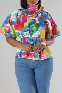 Colour Casual Print Buckle Patchwork Ruched Strap Design Turtleneck Tops