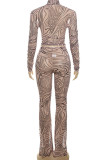 Khaki Casual Print Patchwork Turtleneck Long Sleeve Two Pieces