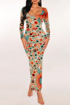 Colour Elegant Geometric Print Polka Dot Leaf Print Contrast U Neck One Step Skirt Dresses