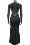 Black Sexy Solid Color Patchwork Hot Drill Zipper Asymmetrical Collar Long Dresses