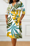 Black Elegant Floral Print Lace Up Contrast V Neck Printed Plus Size Dresses
