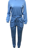 Light Blue Casual Solid Color Basic O Neck Long Sleeve Two Pieces