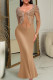 Apricot Sexy Solid Color Patchwork Hot Drill Zipper Asymmetrical Collar Long Dresses