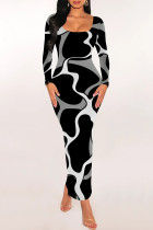 Black Gray Elegant Geometric Print Contrast U Neck One Step Skirt Dresses