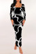 Black Gray Elegant Geometric Print Contrast U Neck One Step Skirt Dresses