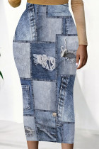 Medium Blue Casual Faux Denim Print Contrast Regular High Waist Full Print Bottoms