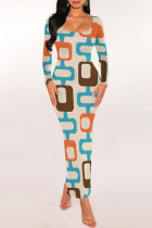 Apricot Elegant Geometric Print Contrast U Neck One Step Skirt Dresses