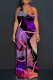 Purple Casual Gradient Chain print Lace Up Backless Contrast Halter Loose Jumpsuits