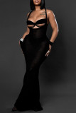 Black Elegant Solid Color Hollow Out Patchwork Backless Spaghetti Strap Sling Dresses