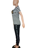 Black Casual Print Patchwork O Neck Short Sleeve Two Pieces