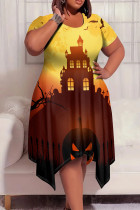 Orange Yellow Elegant Print Patchwork O Neck Irregular Plus Size Dresses