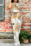 Blue Casual Geometric Print Pocket Contrast O Neck Short Sleeve Two Pieces