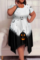 Black And White Elegant Print Patchwork O Neck Irregular Plus Size Dresses