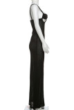 Black Elegant Solid Color Hollow Out Patchwork Backless Spaghetti Strap Sling Dresses