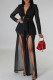 Black Sexy Solid Color Patchwork Slit Strap Design V Neck Long Sleeve Two Pieces