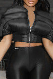 Black Casual Solid Color Patchwork Zipper Zipper Collar Outerwear