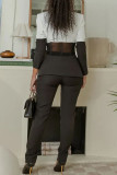 Black And White Casual Patchwork See-Through Slit Contrast Turn-back Collar Long Sleeve Two Pieces