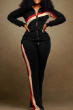 Black Casual Patchwork Zipper Zipper Collar Long Sleeve Two Pieces