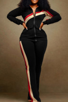 Black Casual Patchwork Zipper Zipper Collar Long Sleeve Two Pieces