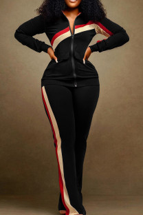 Black Casual Patchwork Zipper Zipper Collar Long Sleeve Two Pieces