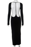Black Sexy Solid Color Patchwork Backless O Neck Long Dresses