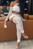 White Sexy Solid Color Hollow Out Patchwork See-Through Asymmetrical Collar Long Sleeve Two Pieces