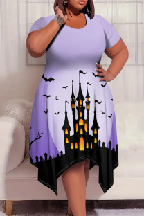 Light Purple Elegant Print Patchwork O Neck Irregular Plus Size Dresses