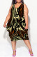Dark Brown Casual Geometric Print Camouflage Print Contrast V Neck Lantern Skirt Plus Size Dresses