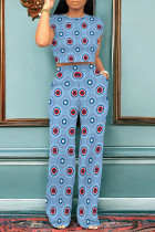 Blue Casual Geometric Print Pocket Contrast O Neck Short Sleeve Two Pieces