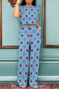 Blue Casual Geometric Print Pocket Contrast O Neck Short Sleeve Two Pieces