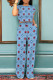Blue Casual Geometric Print Pocket Contrast O Neck Short Sleeve Two Pieces