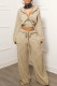 Khaki Casual Solid Color Pocket Lace Up Patchwork Zipper Hooded Long Sleeve Two Pieces