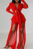 Red Sexy Solid Color Patchwork Slit Strap Design V Neck Long Sleeve Two Pieces