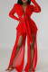 Red Sexy Solid Color Patchwork Slit Strap Design V Neck Long Sleeve Two Pieces