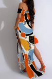 Apricot Sexy Casual Print Patchwork Backless High Slit Off Shoulder Long Dresses