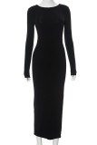 Black Sexy Solid Color Patchwork Backless O Neck Long Dresses