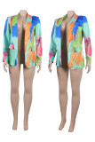 Green Casual Print Patchwork Turn-back Collar Outerwear
