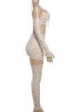 White Sexy Solid Color Hollow Out Patchwork See-Through Asymmetrical Collar Long Sleeve Two Pieces